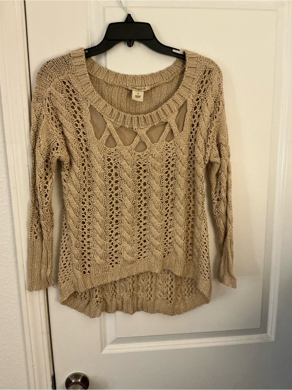 Arden B 100% Viscose Open Knit Cable Crochet Sweater Lattice Cutout Beige XS
